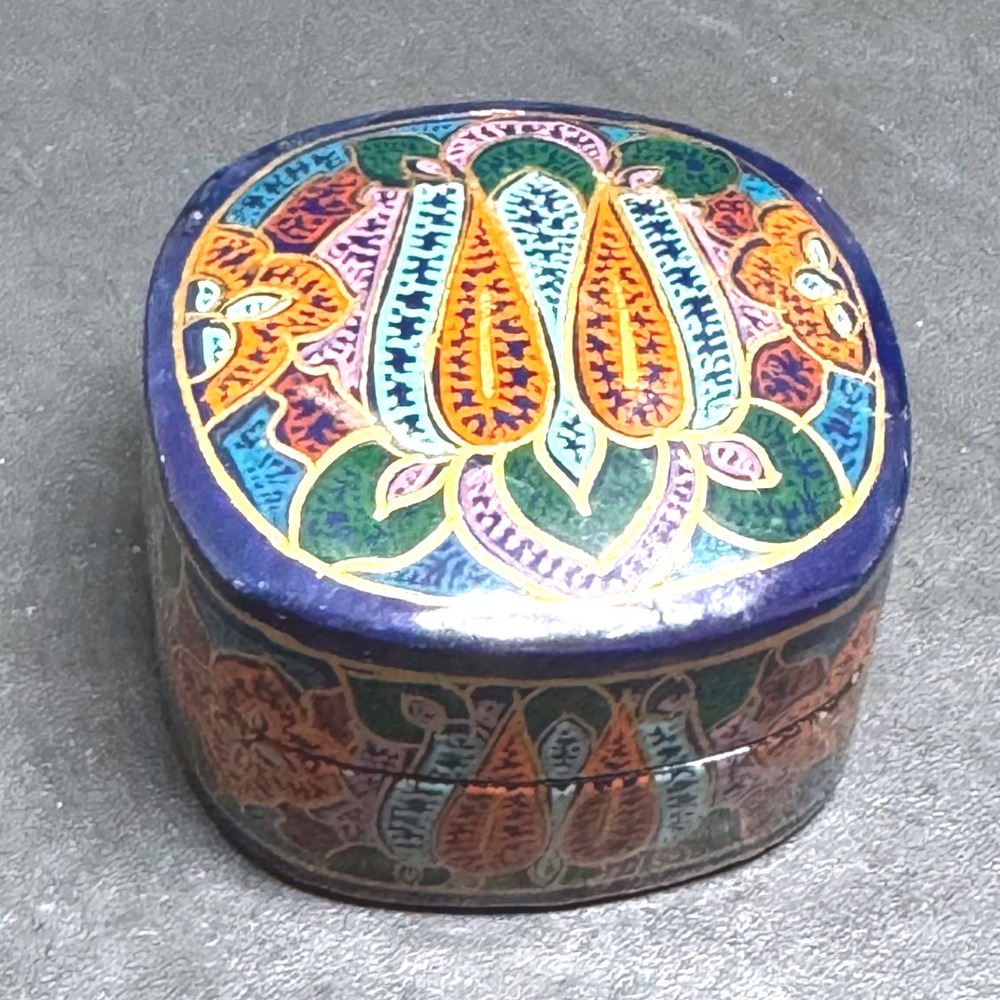 Vintage Hand Painted Papier Mache Trinket Box Floral Gold Accent Blue Orange 2in